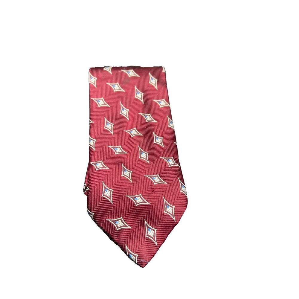 VIENICCI Tie Silk burgundy necktie featuring a geometric diamond pattern.
